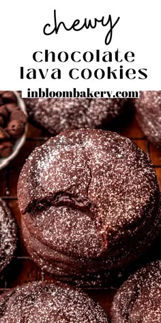 chocolate lava cookies with powdered sugar on top and text overlay that reads chewy chocolate lava cookies