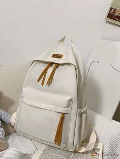 BirdinBag - Versatile Letter Patch Backpack for Students, Graduates: Ideal for School, Travel, and Outdoor Activities Casual White Leather Backpack For Back To School, Casual White Leather Backpack For School, White Casual Leather School Backpack, Casual White Leather School Backpack, Large Capacity Cream Backpack For School, Large Capacity Cream Backpack For Students, Casual White Leather Backpack With Large Capacity, Casual Beige Leather Student Backpack, Casual White Leather Backpack Large Capacity