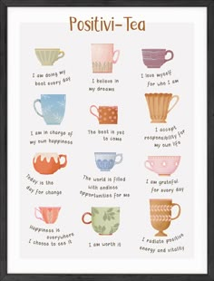 a poster with different types of cups and saucers on it's sides, including the words positiv - tea