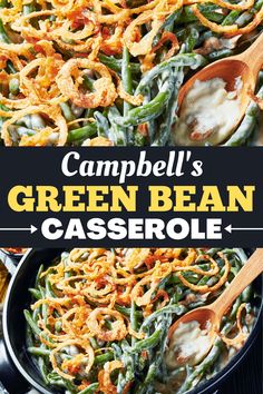 green bean casserole in a skillet with wooden spoons and text overlay that reads campbell's green bean casserole