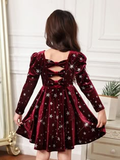 Burgundy Party Collar Long Sleeve Woven Fabric Galaxy A Line Embellished Slight Stretch  Young Girls Clothing Teen Christmas Dress, Velvet Christmas Dress, Burgundy Party, Trend Dress, Gigot Sleeve, Sleeved Velvet Dress, Leg Of Mutton Sleeve, Velvet Christmas, Galaxy Print