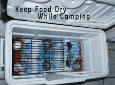 an icebox with food in it and the words keep food dry while camping