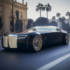 a futuristic car driving down the road in front of a large building with palm trees