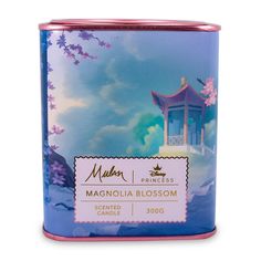 a blue tin with a pink pagoda on it