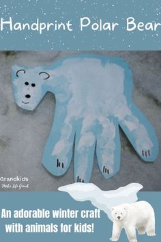 Polar bear made out of paper by tracing a persons handprint. Easy Arctic Animal Crafts, Artic Crafts Preschool, Artic Animals Toddler Theme, Arctic Animals Toddler Crafts, Preschool Polar Bear Crafts, Arctic Animals Infant Activities, Artic Toddler Activities, Artic Preschool Crafts, Cold Weather Animals Preschool