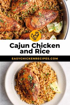 chicken and rice in a pan with the words cajun chicken and rice above it