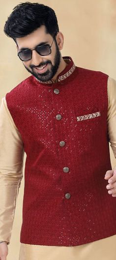 Red and Maroon color Nehru Jacket in Silk fabric with Embroidered, Sequence, Thread work Luxury Raw Silk Nehru Jacket With Resham Embroidery, Luxury Brown Nehru Jacket For Festive Occasion, Luxury Red Nehru Jacket For Ceremonial Occasions, Red Bandhgala For Eid Festive Occasion, Festive Red Long Sleeve Bandhgala, Festive Long Sleeve Red Bandhgala, Diwali Red Long Sleeve Nehru Jacket, Red Bandhgala With Zari Work For Festive Occasions, Festive Red Bandhgala With Zari Work