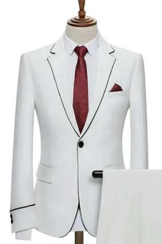 White Single Button Slim Fit Blazer, White Slim Fit Single Button Blazer, White Slim Fit Blazer For Work, White Slim Fit Suit For Groom, White Single-button Tuxedo With Suit Collar, White Single Button Tuxedo With Suit Collar, White Slim Fit Tuxedo For Semi-formal Occasions, White Slim Fit Suit With Notch Lapel, White Single Breasted Suit For Office