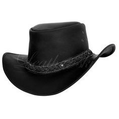 Tired of the same plain looks worn every day. Make room for a newer & refined look with this Aussie Bush cowboy hat. Sporting a dark coal black color, this product is going to add a more masculine edge to your personality making you all the more bold and handsome. The brims on both sides are facing up and provide protection against the gushing winter winds or the hot sun. Apart from making it more practical in its functionality, it is stylish and flaunts simplicity with embellishments only as much as black criss-cross threading with a white underline and minute silver studding. With a high-end glossy finish to it; this product delivers style and quality altogether adding more value to it! Some top features of the product include: Premium black leather Use of simple embellishments Breathabl Black Flat Bill Hat For Ranch, Flat Bill Black Hat For Rodeo, Black Flat Bill Hats For Country Events, Black Western Hat Bands With Flat Bill, Black Wide Brim Hat For Ranch, Wide Brim Black Hat For Ranch, Classic Black Hat For Ranch, Black Curved Brim Top Hat For Rodeo, Black Wide Brim Riding Hat