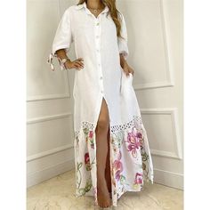 Season:Summer,Spring; Fabric:Polyester; Sleeve Length:3/4 Length Sleeve; Look After Me:Hand wash,Machine wash; Gender:Women's; Style:Maxi,Modern,Casual; Elasticity:Micro-elastic; Occasion:Vacation,Date; Fit Type:Loose Fit; Dresses Type:Casual Dress,Shirt Dress; Pattern:Floral; Design:Print,Button; Neckline:Shirt Collar; Front page:FF; Listing Date:03/08/2024; Production mode:External procurement; Bust:; Length:; Sleeve:; Fit US Size:; Fit UK Size:; Fit EU Size:; Dress Length Type:Maxi long Dress Button Maxi Dress, Robes Glamour, Shirt Collar Styles, Maxi Dress Outfit, Dress Sleeve Length, Collared Shirt Dress, Half Sleeve Shirts, Maxi Sundress, Maxi Shirts