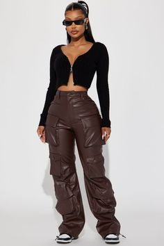 Available In Chocolate. Cargo Pant High Rise Button Zipper Closure Cargo Pockets Bungee Ankles Faux Leather Stretch Disclaimer: To Keep The Aesthetic Of This Garment, Please Follow The Care Instructions Carefully. 100% PU Imported | City Is Mine Faux Leather Cargo Pant in Chocolate Brown size 1X by Fashion Nova 90s Y2k Fashion, Chocolate Fashion, Fashion Nova Outfits, Effortlessly Chic Outfits, Causal Outfits, Model Outfits, Classy Casual Outfits, Comfy Fashion