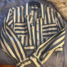 Nwt! Never Worn. Blue And White Denim Striped Jacket White Cropped Denim Outerwear, Casual White Cropped Denim Jacket, White Blazer And Jeans, Striped Denim Jacket, Blazer And Jeans, Polka Dot Jeans, Rhinestone Jeans, Cream Jeans, Fitted Blazer Jacket