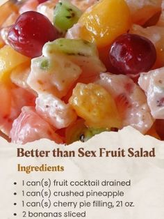 a close up of a plate of fruit salad with information about the ingredients on it