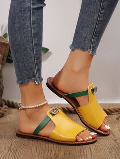 Yellow a  Collar   Plain  Embellished   Women Shoes Yellow Sporty Non-slip Sandals, Yellow Sandals With 4-inch Heel For Summer, Yellow Non-slip Slide Sandals, Yellow Open Toe Sandals With Cork-bed Midsoles, Yellow Non-slip Beach Sandals, Casual Beach Sandals, Cute Sandals, Beach Sandals, Beachwear For Women