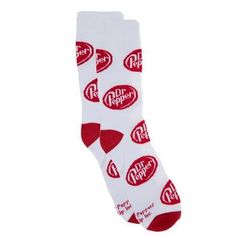 Show Size: Unisex One Size Fits Most Color: Red & White Content: 97% Polyester & 3% Spandex UPC: 740107074947 Quantity: 1 Pair Care: Machine Wash, Warm Do Not Bleach Tumble Dry Low Do Not Iron Strut your stuff when you wear your favorite brand of soda! Dr. Pepper Crew Socks feature the red Dr. Pepper logo against a white background. Their soft material will keep your toes nice and comfortable. Crack open a can of soda and lounge around the house wearing these fun socks! Dr Pepper Socks, Dr Pepper Merch, Dr Pepper Stuff, Dr Pepper Logo, Doctor Pepper, Sock Store, Presents For Grandma, Wearable Art Fashion, Freebies By Mail