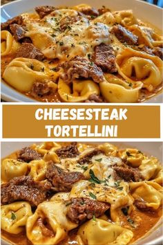 two pictures showing different types of food in the same dish, including tortellini and cheese