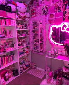 a room filled with lots of toys and pink lights on the walls, including bookshelves