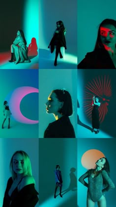 a collage of photos with different people in the background and colored lights on them