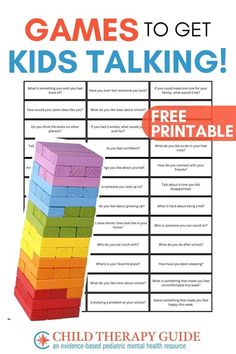 These question tabs could be used for a variety of games to engage kids in conversation. Our favorite variation is to print, trim, and adhere the question tabs onto Jenga blocks—answer questions while you play! Conversation starters help kids take new perspectives and serve as a catalyst for stimulating discussion, exploring values and motivations, and promoting the development of essential communication skills. Our collection of printable conversation starters includes written and visual prompts to encourage connection through different mediums. Find FREE printable worksheets, infographics, and activities to support mental and behavioral health in kids at Child Therapy Guide .com! Therapy Board Ideas, Motivation Therapy Activities, Talking Activities For Kids, Social Skills Activities For Special Education, Tfcbt Activities For Kids, Psychology Games, Kid Therapy Activities, Social Emotional Skills Free Printable, Individual Therapy Activities For Adults