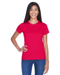 Ladies' Cool & Dry Sport Performance Interlock T-Shirt - RED - S | UltraClub Athletic Women's Cool & Dry Sport Performance Interlock T-Shirt in Red Size Small | Polyester Womens Athletic Outfits, Sport Performance, Golf Fashion, Athletic Apparel, Sleeves (women), Ladies Golf, Cool Suits, Athletic Women, Classic Looks