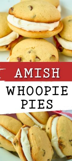 some cookies are stacked on top of each other with the words amish whoopie pies