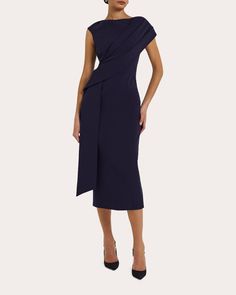 Safiyaa Regina Drape Midi Dress | OLIVELA Crepe Dress Casual, Lawyer Dress, Corporate Dresses, Corporate Gowns, Crepe Dresses, Lady Outfits, Corporate Dress, Drape Top, Sleeve Silhouette