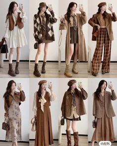 Korean Vintage Outfits, Autumn Mute Outfit, Mute Autumn Outfits, Korean Autumn Outfits, Korean Autumn Outfit, Fashion Winter Outfits, Spring Gingham, Academia Aesthetic Outfit, Brown Outfits