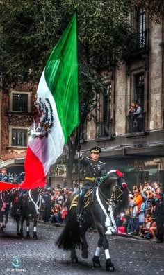 two men riding horses with flags on their backs in front of a large group of people