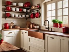 a kitchen filled with lots of red pots and pans on top of wooden shelves