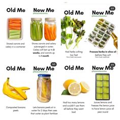 an image of old me and new me in mason jars with lemons, cucumbers, bananas, celery