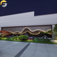 an artistic rendering of a modern building with landscaping and trees on the front lawn at night