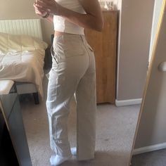 Never Worn, Size 4, Mid Waist, Khaki High Rise Summer Workwear Cargo Pants, H&m Relaxed Fit Bottoms For Workwear, H&m High Waist Beige Bottoms, H&m Beige Bottoms For Workwear, H&m High Rise Fitted Bottoms, H&m Straight Leg Bottoms With Relaxed Fit, Beige H&m Bottoms For Work, H&m Fitted High Rise Bottoms, H&m Straight Leg Relaxed Fit Bottoms