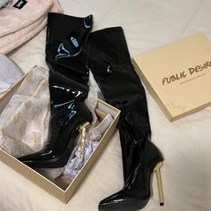 Size: 5 / Uk 36 Brand New Never Worn Patent Leather Knee-high Boots With Round Toe For Party, Black High Heel Knee-high Boots, Sleek Black Knee-high Boots For Parties, Trendy Black Pointed Toe Boots, Sleek Black Knee-high Boots For Night Out, Black Formal Knee-high Boots, Trendy Black Patent Leather Knee-high Boots, Party High-top Heeled Boots Medium Width, Sleek Black Patent Leather Knee-high Boots