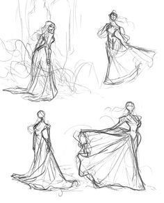 some sketches of different dresses in various poses