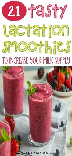 two glasses filled with smoothie next to strawberries and berries