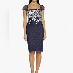 New With Tags Adrianna Papell Women's Floral Embroidery Sheath Dress Size 6 Color Navy/Ivory Retails $150 Festive Knee-length Embroidered Dress, Blue Lace Dress With Floral Applique, Blue Lace Dresses With Floral Applique, Blue Fitted Dress With Floral Applique, Fitted Blue Dress With Floral Applique, Elegant Lace Embroidered Dress With Floral Applique, Formal Fitted Dress With Floral Applique, Elegant Fitted Floral Applique Dress, Elegant Fitted Dress With Floral Applique