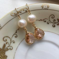 Gold Freshwater Pearl Champagne Blush Earrings Pink Peach Handmade Rose Gold Elegant Bridal Earrings, Handmade Elegant Rose Gold Bridal Earrings, Handmade Rose Gold Bridal Earrings For Wedding, Elegant Champagne Earrings For Gift, Wedding Jewelry With Matching Pear-shaped Earrings, Delicate Gold Earrings For Bridal Shower, Round Bridal Earrings With Ear Wire, Pear Shaped Hypoallergenic Pearl Wedding Earrings, Hypoallergenic Pear-shaped Teardrop Earrings For Wedding