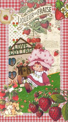 a card with strawberries and strawberrys on the front, in red and white checkered