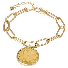 PRICES MAY VARY. ✔ ELEGANT & STYLISH COIN BRACELET - Our bracelet is made of jeweler’s metals in a goldtone finish and a genuine Liberty Nickel Coin layered in gold. Features the face of Miss Liberty. It measures 1 1/16" x 1 1/16" x 1/8" and weighs only 2 oz. It has a 1 Year Manufacturer Warranty and comes with a Certificate of Authenticity. ✔ HIGH QUALITY & DESIGN - Our Elongated Clip Cable Link Bracelet is made of durable jeweler’s metal. Own a piece of your heritage, the Liberty Nickel was in Coin Charm Bracelet, Italian Bracelet, American Coins, White Jewelry Box, Coin Bracelet, Coin Jewelry, White Jewelry, Certificate Of Authenticity, Jewelry Online Shopping