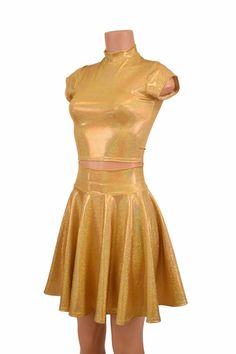 2PC Gold Sparkly Jewel Cap Sleeve Crop Top with Short Collar & Skater Skirt Set - 156823 Fitted Glamorous Gold Skirt, Gold Stretch Skirt For Party, Glamorous Fitted Metallic Skirt, Fitted Metallic Disco Skirt, Metallic Fitted Disco Skirt, Sparkly Crop Tops, Gold Skirt, Gold Set, Cap Sleeve