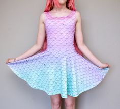 Pastel Sparkle Mermaid Scale Skater Dress Pastel Blue Dress, Blue Sparkly Dress, Dresses Silver, Style Kawaii, Pastel Goth Fashion, Pastel Dress, Blue Print Dress, Pastel Fashion