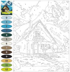 a coloring page for children with a house in the background and numbers on each side