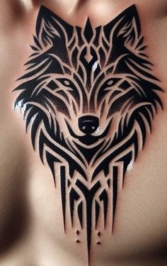 a black and white tattoo on the chest of a man with a wolf head in it