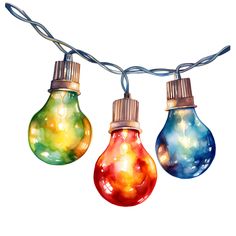 three light bulbs with colored lights hanging from them