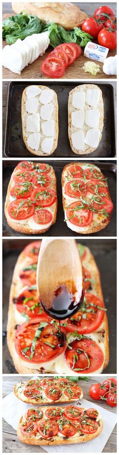 the process of making homemade pizzas with tomatoes and mozzarella cheese on top