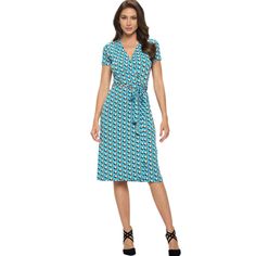 Ladies Aqua Blue Tulip Print Midi Jersey Wrap Dress | Renee C. Style# S4329DRR | Made in USA | Classy Cozy Cool Women's Made in America Clothing Boutique Flattering V-neck Wrap Dress For Summer, Belted Fitted V-neck Wrap Dress, Fitted Belted V-neck Wrap Dress, Fitted V-neck Belted Wrap Dress, Fitted Knee-length V-neck Dress With Tie Waist, Fitted Short Sleeve Faux Wrap Dress, Fitted Faux Wrap Dress With Short Sleeves, Fitted Knee-length Belted V-neck Dress, Summer Workwear Faux Wrap Midi Dress