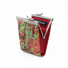 "This cute card holder is a lovely gift for your friends and family as well. Accordion Style, Kiss Clasp Frame, Brocade Fabric. Hold up to 8 cards 4.75\" H x 3\" W x 1\" D" Rectangular Clutch With Interior Card Slots, Rectangular Clutch With Interior Card Slots For Gift, Rectangular Clutch With Interior Card Slots As Gift, Gift Rectangular Clutch With Interior Card Slots, Handmade Red Clutch Wallet, Green Wallets With Card Slots For Gift, Green Wallets With Card Slots As A Gift, Multicolor Wallets With Card Slots For Gift, Multicolor Wallets With Card Slots As Gift