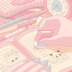 an illustration of a pink bed with many things on it