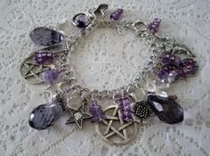 Amethyst Nights Pentacle Charm Bracelet wiccan by Sheekydoodle, $50.00 See this on Etsy Magical Handmade Bracelets As A Gift, Mystical Jewelry Bracelet Gift, Purple Spiritual Bracelet Jewelry, Spiritual Purple Bracelet Jewelry, Purple Hand Wrapped Spiritual Jewelry, Gothic Purple Metal Jewelry, Adjustable Wire Wrapped Magical Jewelry, Mystical Nickel-free Purple Jewelry, Gothic Jewelry With Charms