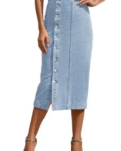 Denim midi skirt - Light Blue / S Summer Denim Skirt, Denim Skirts For Women, Denim Button Skirt, Skirt Tutu, High Waist Long Skirt, Long Denim Skirt, Button Outfit, Denim Skirt Women, Denim Patterns